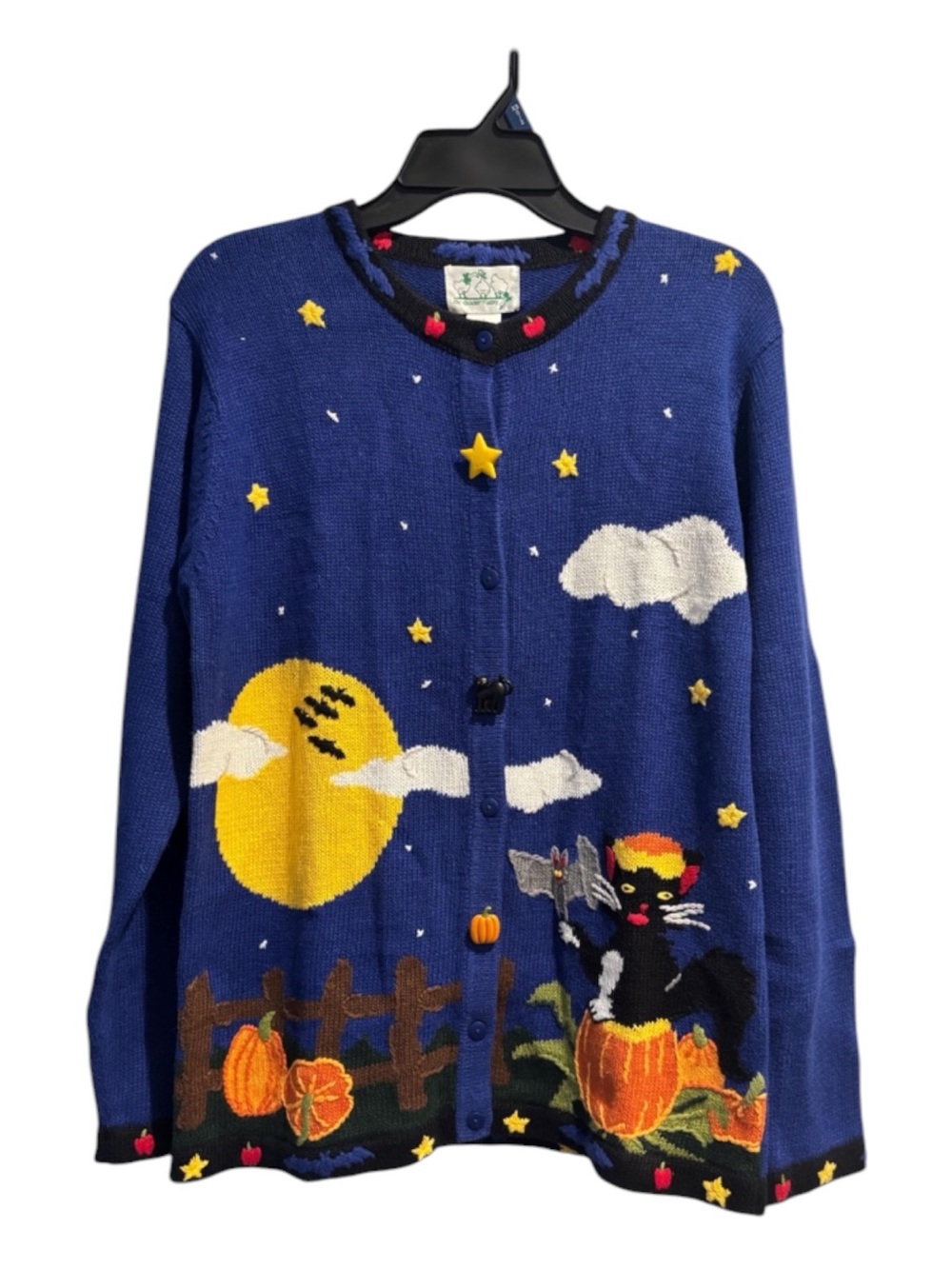 Whimsical Blue Halloween Cat & Pumpkin Button Cardigan